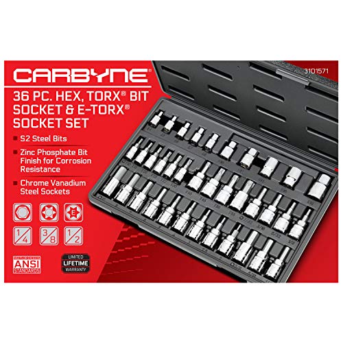 Carbyne Hex and Torx Bit Socket Set - 36-Piece, 1/4, 3/8 & 1/2 Drive