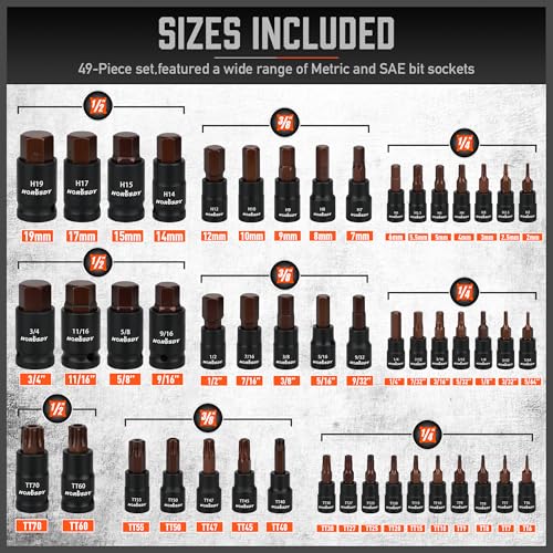 Allen and Torx Bit Socket Set with S2 Steel Sockets | 66-Piece SAE/MM, Star & E-Torx Bits, Impact Adapter