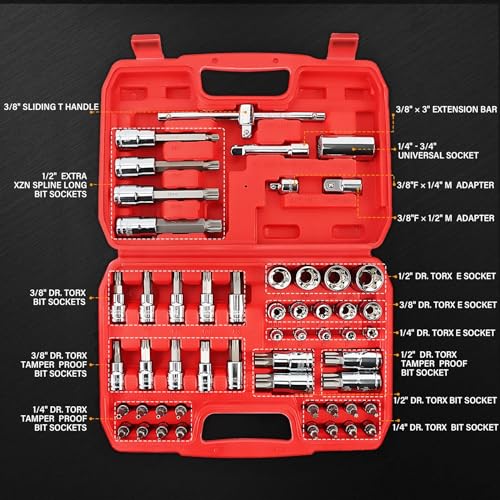 53-Piece Torx Socket Set for Mechanics Including E-Torx and Tamper Bits