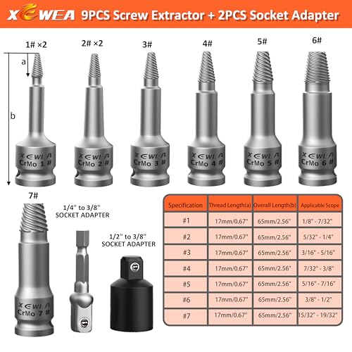 11PC Screw Extractor Set for Rusted, Frozen or Broken Screws - 3/8" Drive, Multi-Spline Design
