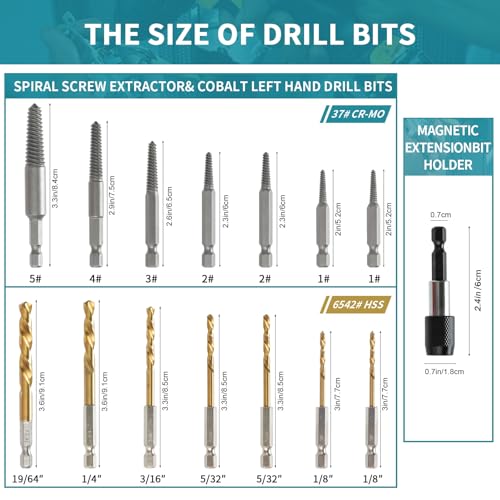 15-Piece Screw Extractor Set with Cobalt Drill Bits & Adaptor